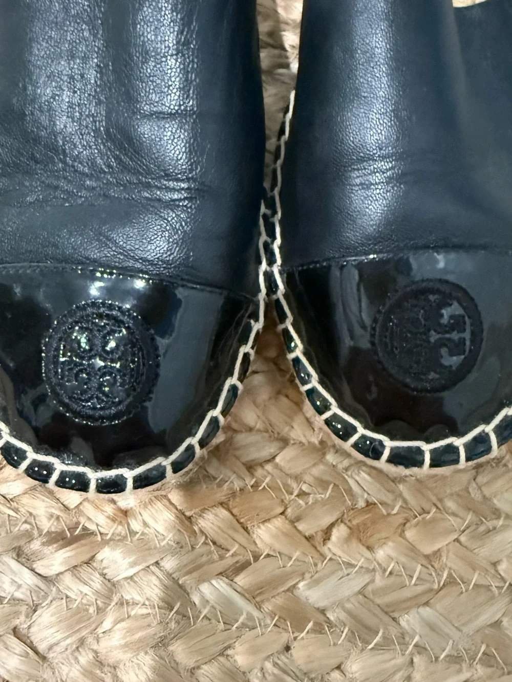 Tory Burch Black Leather Espadrille Flats with Patent Logo Cap